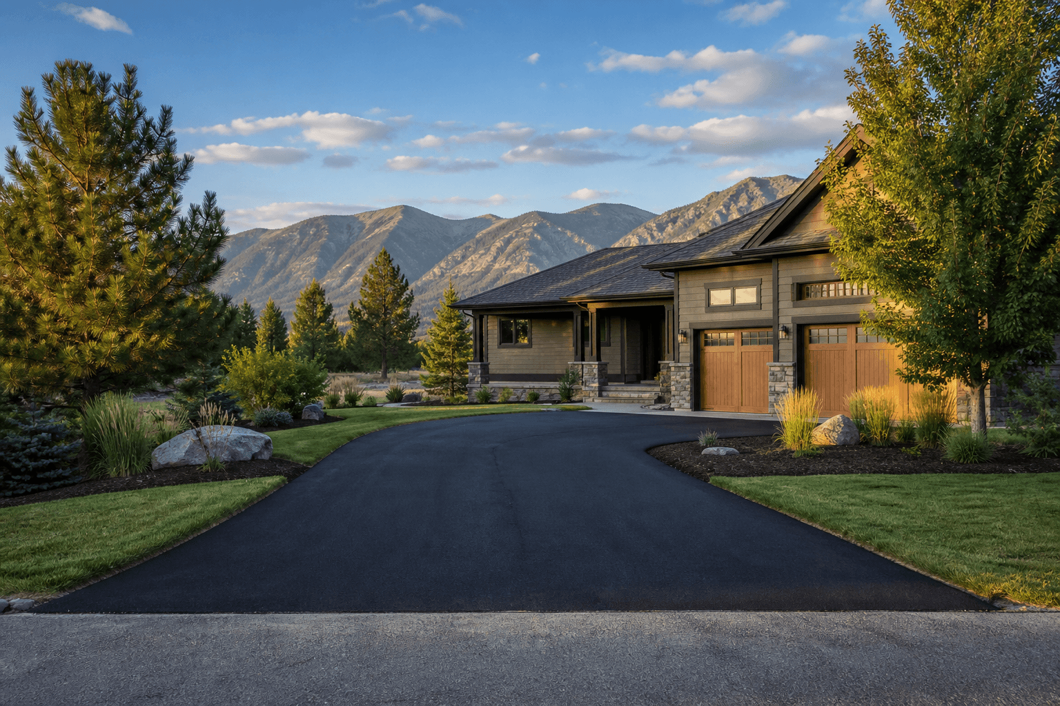 Residential asphalt driveway in Missoula with mountains in background