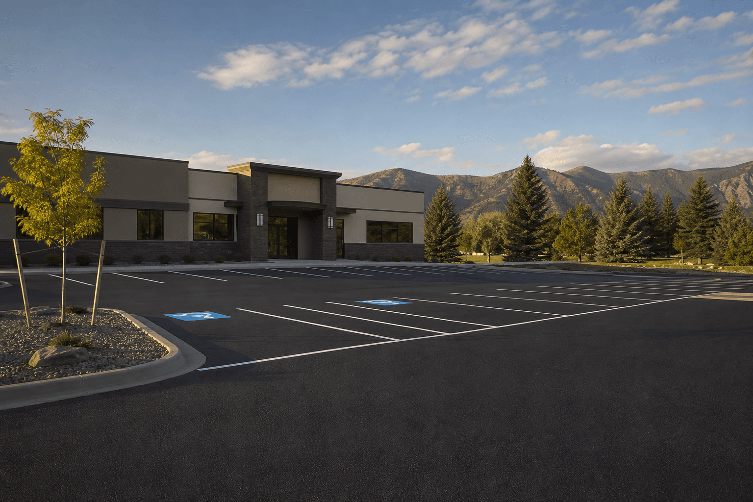 Commercial parking lot paving in Missoula with striped stalls