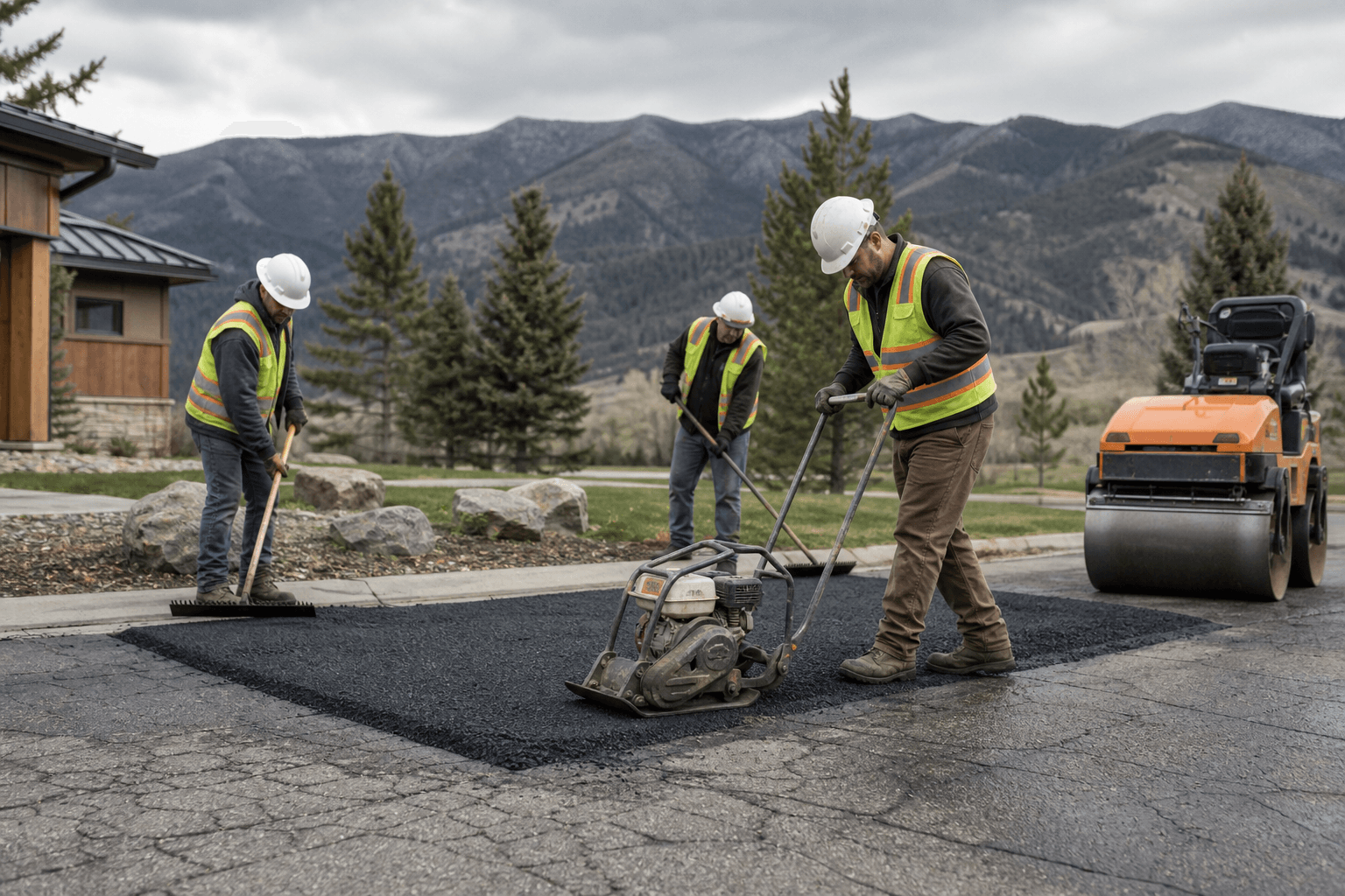 Asphalt repair crew compacting fresh patch in Missoula