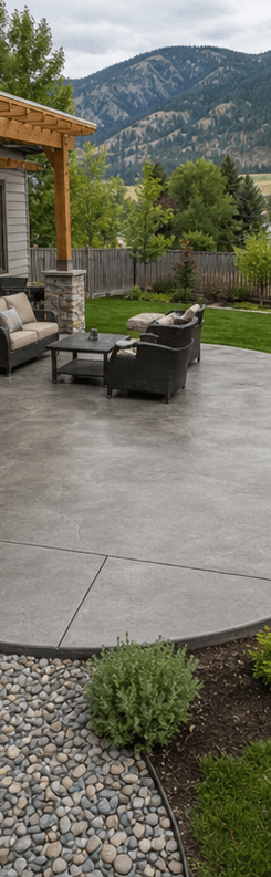 Finished concrete patio slab with clean broom texture and form lines